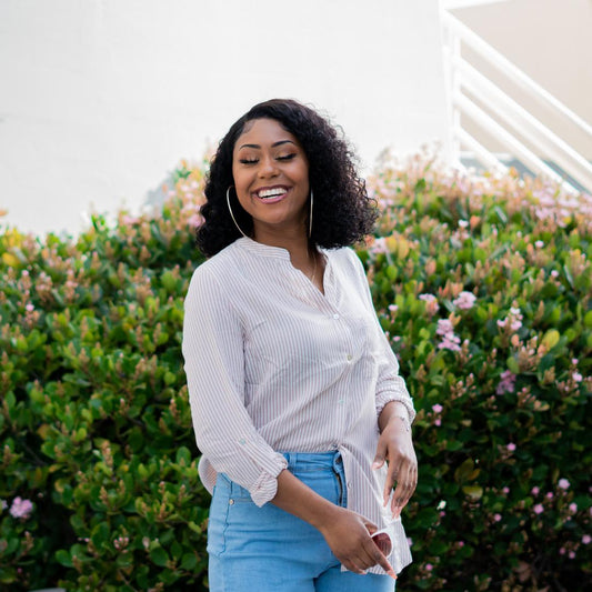 tan stripped button down top